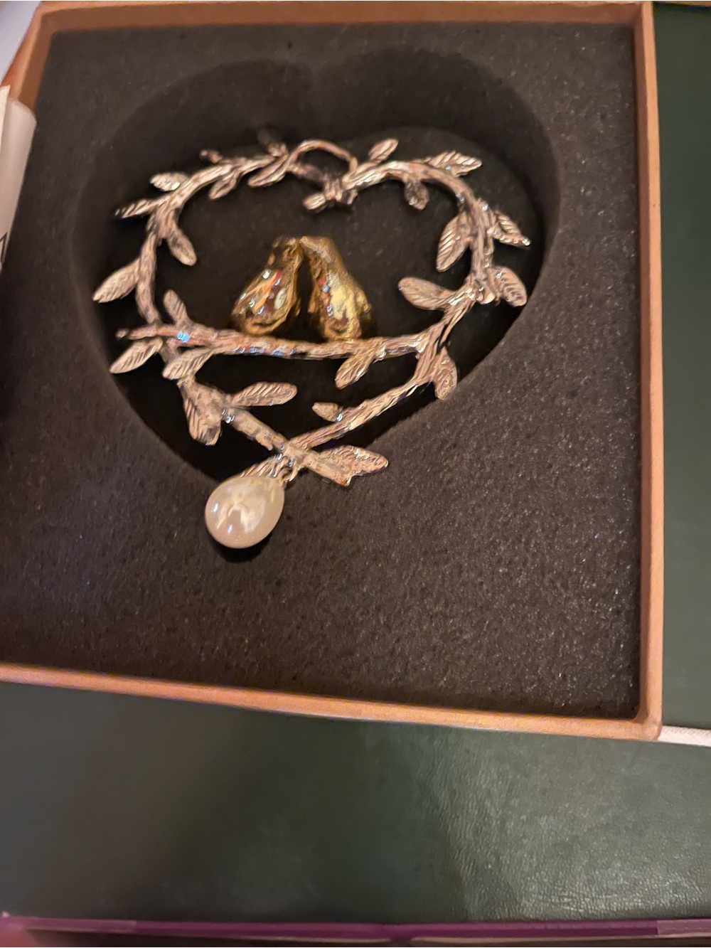 Michael Aram lovebirds silver Leaf Heart with Gold Bird Accent and Pearl Drop